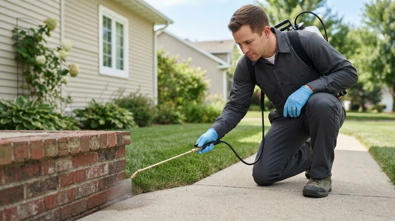 Pest control technician treating a home near Milo, IA
